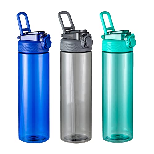 3 Pack 24 oz Water Bottles Bulk, Reusable Plastic Water Bottle with Dustproof Straw & Flip-up Carrying Loops, Leak Proof & Lightweight for Sports Travel Gym Cycling Hiking Camping, Grey, Teal, Blue
