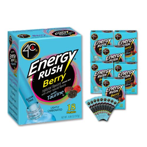 4C Energy Rush Stix, Berry 6 Pack, 18 Count, Single Serve Water Flavoring Packets, Sugar Free with Taurine, On the Go Bundle