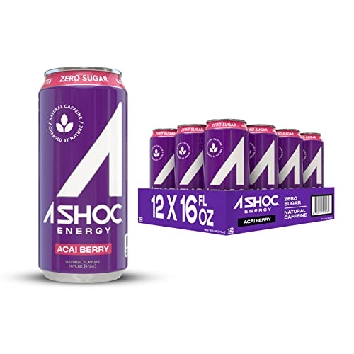 A SHOC Performance Energy Drink, Acai Berry, 16 Ounce Can, Natural Energy Blend, BCAAs, Ocean Mineral Electrolytes, and No Chemical Preservatives, 12-pack
