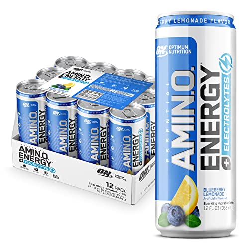 Optimum Nutrition Amino Energy Drink + Electrolytes for Hydration - Sugar Free, Amino Acids, BCAA, Keto Friendly, Sparkling Drink - Blueberry Lemonade, Pack of 12 (Packaging May Vary)