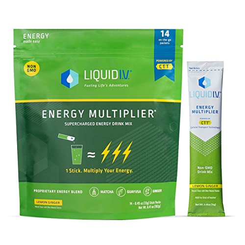 Liquid I.V. Energy Multiplier | Energy Powder Drink Sticks | Matcha and Green Energy Blend Drink Mix | Natural Caffeine | Easy Open Single-Serving Stick | Non-GMO | Lemon Ginger | 14 Sticks