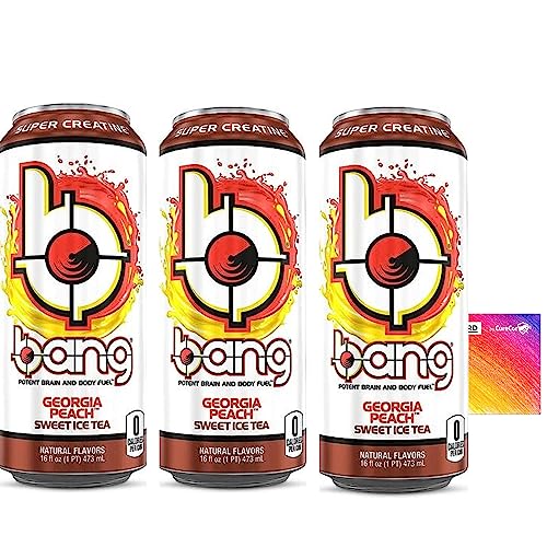 Energy Drink Bundle- Includes Three (3) Can of 16fl oz Bang-Energy Drink, Sugar-Free, Experience Unrivaled Energy, Mental Focus & Performance, plus Curecor Authentic Collective Sticker! (Georgia Peach Sweet Ice Tea)