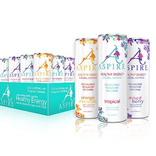 Aspire Healthy Energy Drink with Natural Caffeine - No Calories, Sugar and Carbs | Vitamins B, C, & Biotin | No Preservatives, Gluten Free | Suitable for Vegan, Kosher, Keto-Friendly |12 oz can, Tropics Variety Pack - 12 Fl Oz (Pack of 12)