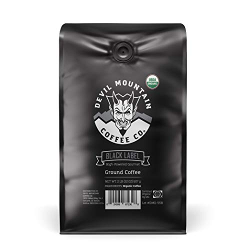 Devil Mountain Coffee Black Label Dark Roast Ground Coffee, Strong High Caffeine Coffee Grounds, USDA Organic, Fair Trade, Gourmet Artisan Roasted, Strongest Coffee in the World, 32 oz Bag
