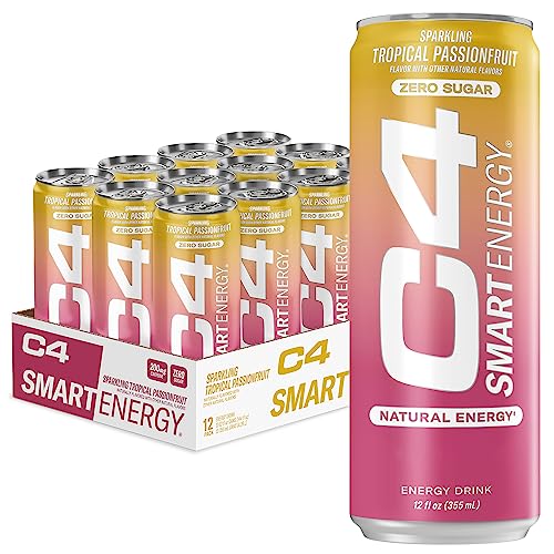 C4 Smart Energy Drink - Sugar Free Performance Fuel & Nootropic Brain Booster, Coffee Substitute or Alternative | Tropical Passionfruit 12 Oz - 12 Pack