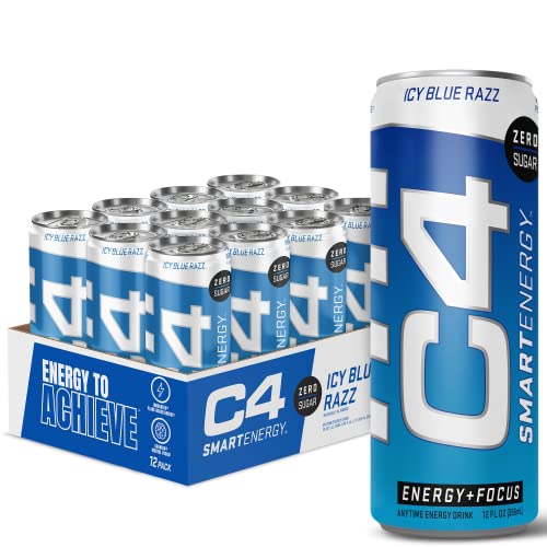C4 Smart Energy Drink - Sugar Free Performance Fuel & Nootropic Brain Booster, Coffee Substitute or Alternative | Icy Blue Razz 12 Oz - 12 Pack