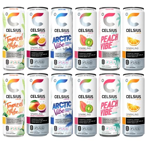 Celsius Sparkling Energy Drink - No Sugar or Preservatives | 12 fl oz, Slim Cans - Assorted Variety Pack (12-Pack) in Veher Combo Box