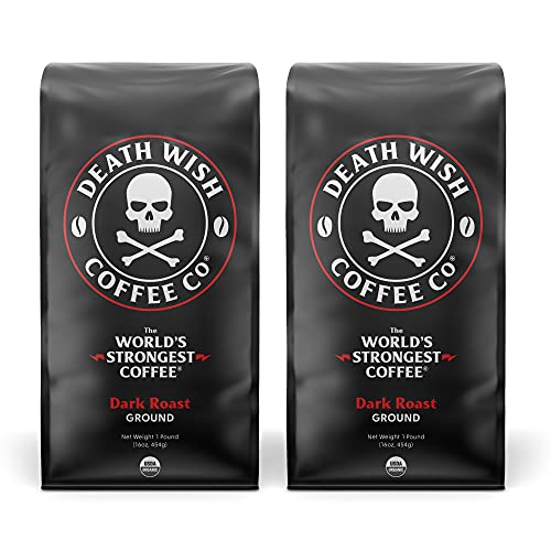 Death Wish Coffee Dark Roast Grounds -16 Oz, The World's Strongest Coffee - 2 Packs of Bold & Intense Blend of Arabica & Robusta Beans - USDA Organic Ground Coffee - Double Caffeine for Daily Lift