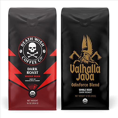 Death Wish Coffee Whole Beans - Extra Kick of Caffeine - 1 lb & Valhalla Java Odinforce Blend 12 oz - Whole Bean Coffee Bundle/Bulk - USDA Certified Organic - Fair Trade - Arabica & Robusta Beans