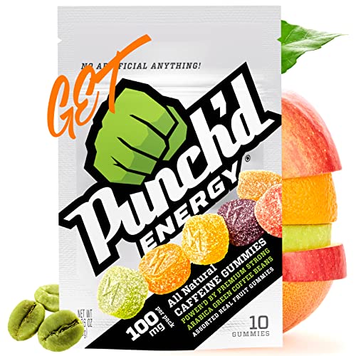 Punch'd Energy, All Natural Caffeine Gummies, 10 Gummies = 100mg of Caffeine per Pack (Box of 10) Clean Label, Green Coffee Energy Chews, Ultra Low Glycemic, Low Calorie, Vitamin C