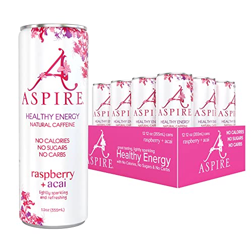 Aspire Healthy Energy Drink with Natural Caffeine - No Calories, Sugar and Carbs | Vitamins B, C, & Biotin | No Preservatives, Gluten Free | Suitable for Vegan, Kosher, Keto-Friendly |12 oz can, Raspberry Acai, 12 Fl Oz (Pack of 12)