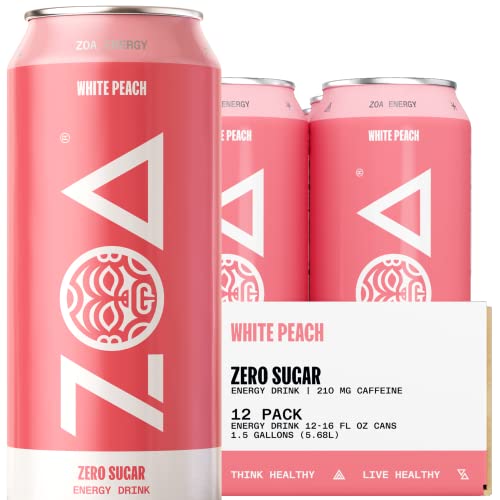 ZOA Zero Sugar Energy Drinks - White Peach | Healthy Energy Formula with Natural Caffeine, Daily Vitamin C, Essential B-Vitamins | Gluten-Free, Keto Friendly | 16 Ounce Cans (Pack Of 12)