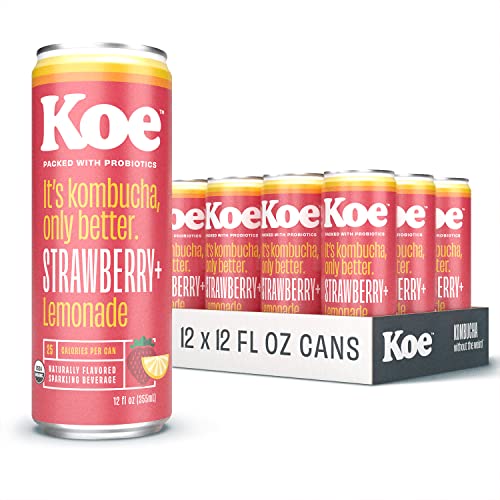 Koe Kombucha Cans, Strawberry Lemonade | Organic Sparkling Fruit Drinks With Live Probiotics and Vitamin C | 12 oz Pack of 12