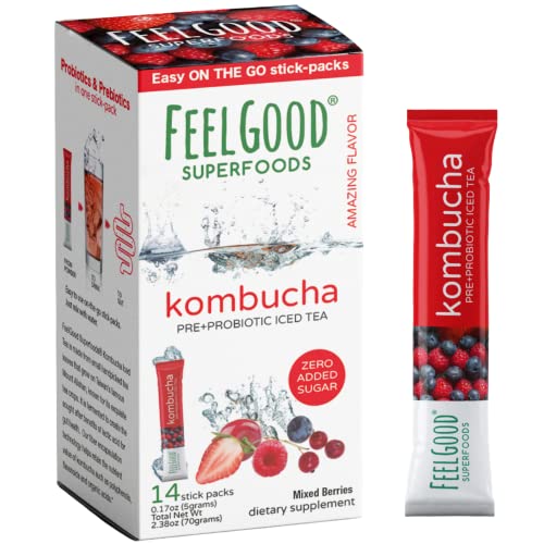 FeelGood Superfoods Kombucha Iced Tea Packets, Delicious Mixed Berries Flavored Refreshing Instant Kombucha Powder Fizzy Drink, Probiotic Supplement for Gut Health, 14 pack