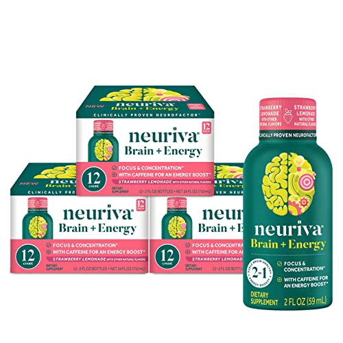 NEURIVA Brain + Energy Supplement with Clinically Tested Neurofactor For Focus & Concentration, Vitamin B12, & 150mg of Caffeine For An Immediate Energy Boost, 36ct Strawberry Lemonade Shots
