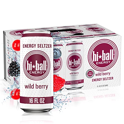 Hiball Energy Seltzer Water, Caffeinated Sparkling Water Made with Vitamin B12 and Vitamin B6, Sugar Free (8 pack of 16 Fl Oz), Wild Berry