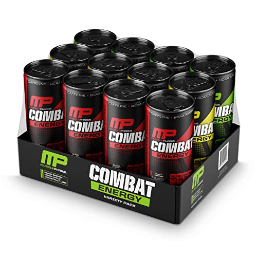 MusclePharm Combat Energy Drink 16oz (Pack of 12) Variety Pack - Grapefruit Lime, Green Apple & Black Cherry - Sugar Free Calories Free - Perfectly Carbonated with No Artificial Colors or Dyes