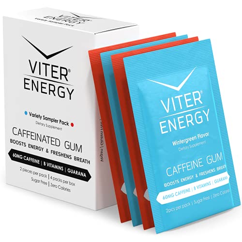 Viter Energy Caffeinated Gum 60mg Caffeine, B Vitamins, Guarana, Sugar Free. (Variety, 2pcs, 4 Pack)