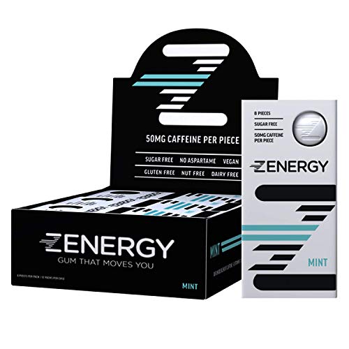 ZENERGY Energy Gum, 50mg of Caffeine Per Piece with B6 and B12 Vitamins, 0 Calories, Sugar and Gluten Free, Non GMO, Vegan and Aspartame Free, Mint Flavour (8 Count-Pack of 12)