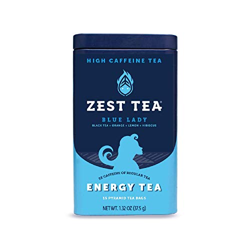 Zest Tea Premium Energy Hot Tea, High Caffeine Blend Natural & Healthy Traditional Black Coffee Substitute, Perfect for Keto, 150 mg Caffeine per Serving, Blue Lady Black Tea, Tin of 15 Sachet Bags