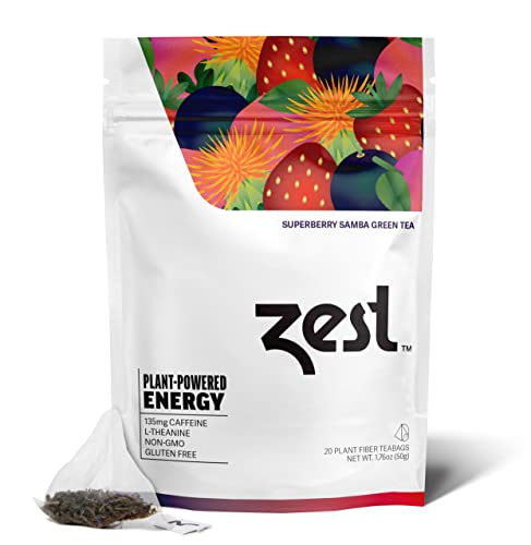 Zest 135mg High Caffeine Energy Leaf Blend - Superberry Samba Green Tea - 20 Pack Bag - Hot or Iced - All Natural Strong Flavored Healthy Coffee Highly Caffeinated Substitute - Perfect for Keto Diet