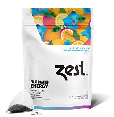 Zest 150mg High Caffeine Energy Leaf Blend - Blue Lady Black Tea - 20 Pack Bag - Hot or Iced - All Natural Strong Flavored Healthy Coffee Alternative Highly Caffeinated Substitute - Perfect for Keto