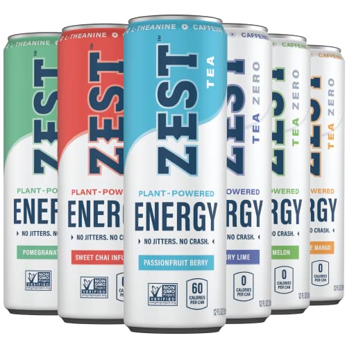 Zest Plant Powered Natural Energy Sparkling Drink - Variety-Pack - 150mg Caffeine + 100 mg L-Theanine - 12oz Can, 12 Pack - Low Sugar, 60 Calories, Healthy Coffee Substitute, Non GMO High Caff Blend